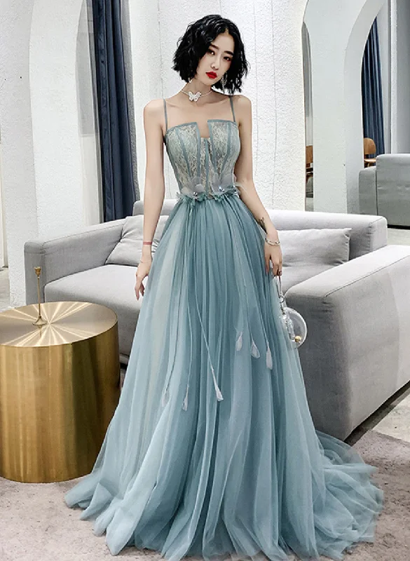 Crazy Deals A-line Blue Tulle with Lace Floor Length Prom Dress, Straps Long Party Dress Crazy Deals A-line Blue Tulle with Lace Floor Length Prom Dress, Straps Long Party Dress