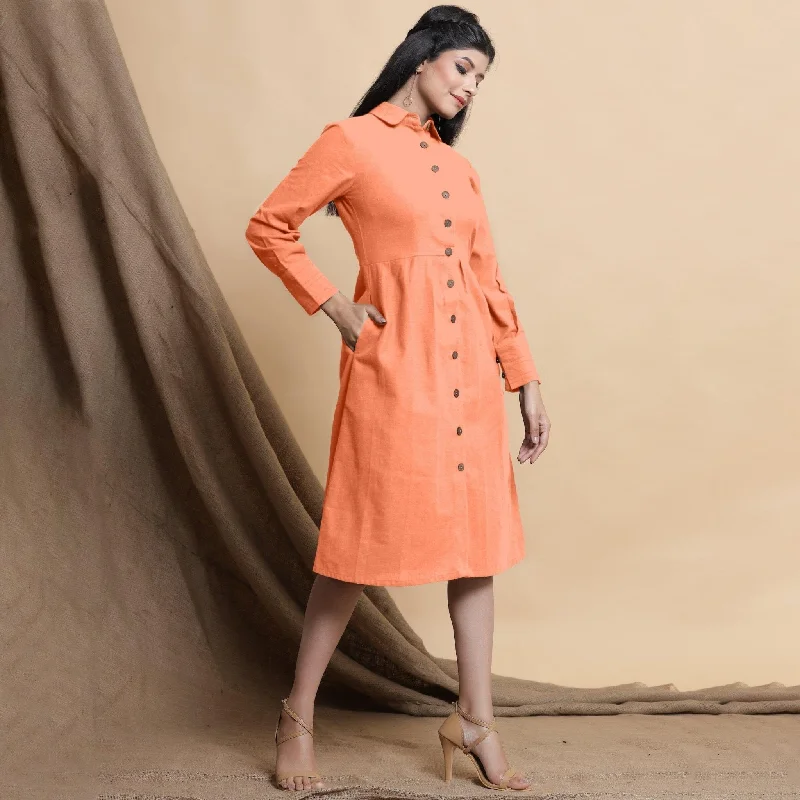 Value Deals Peach Button Down Cotton Flax Knee Length Formal Dress