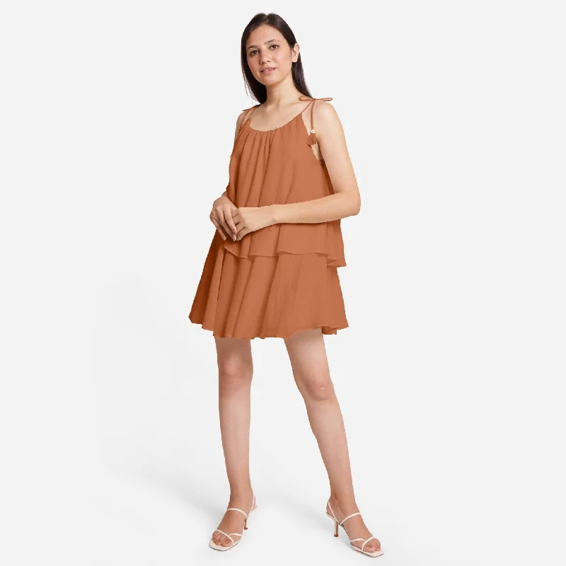 Best Bargains Orange 100% Cotton Tie-Up Shoulder Tier Mini Dress