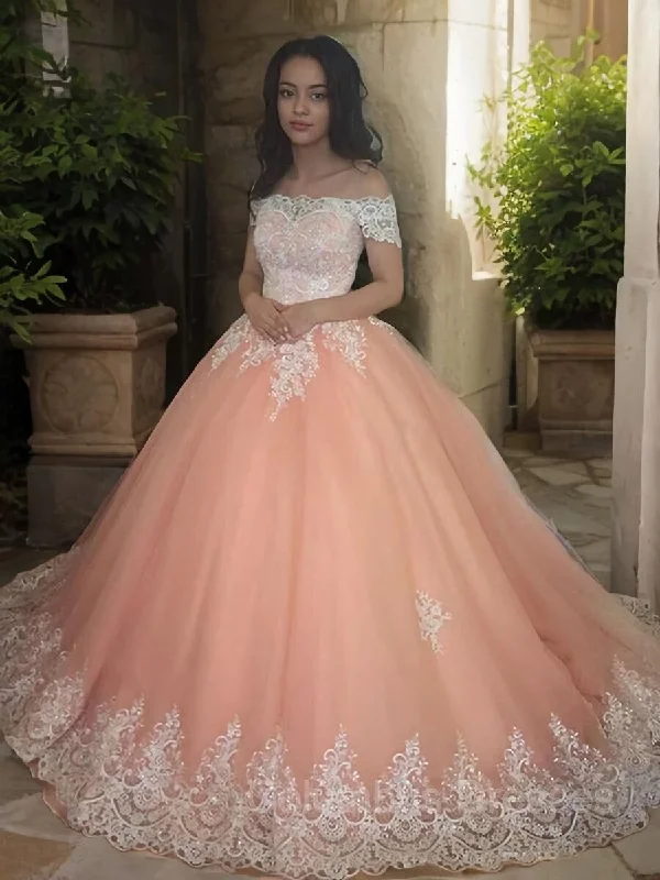 Online Exclusive Ball Gown Off-the-Shoulder Court Train Tulle Prom Dresses With Appliques Lace Online Exclusive Ball Gown Off-the-Shoulder Court Train Tulle Prom Dresses With Appliques Lace