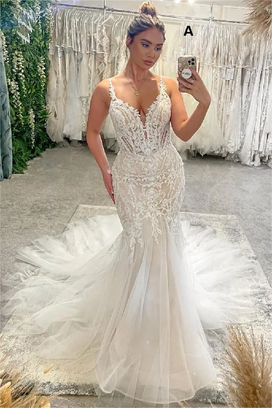 Major Savings Elegant V-Neck Spaghetti Straps Sleeveless Mermaid Wedding Dress