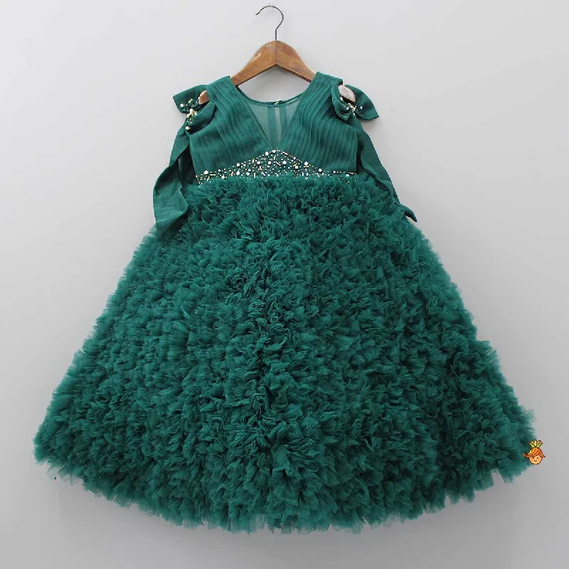 Quick Sale Pleated Yoke Ruffled Green Fancy Gown