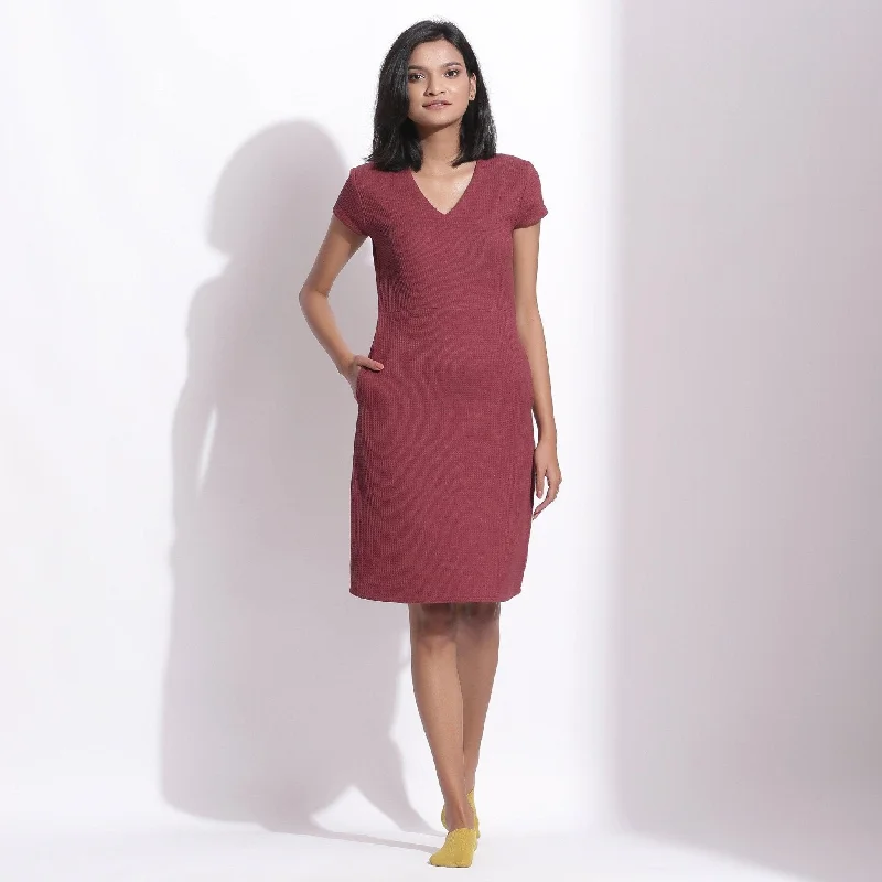 Bonus Savings Barn Red Warm Cotton Waffle Knee Length Paneled Dress