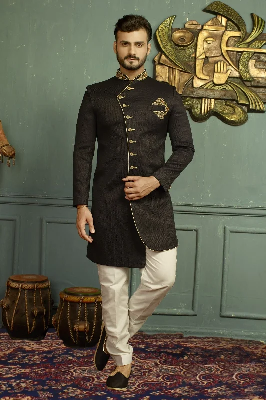 Limited Time Discount Stylish Asymmetrical Black Indian Wedding Indo-Western Sherwani for Men -IW47817SNT Limited Time Discount Stylish Asymmetrical Black Indian Wedding Indo-Western Sherwani for Men -IW47817SNT