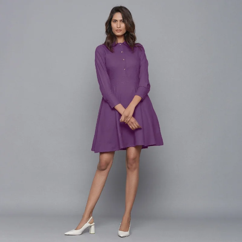Price Fest Grape Wine Warm Cotton Flannel Collared Short Dress