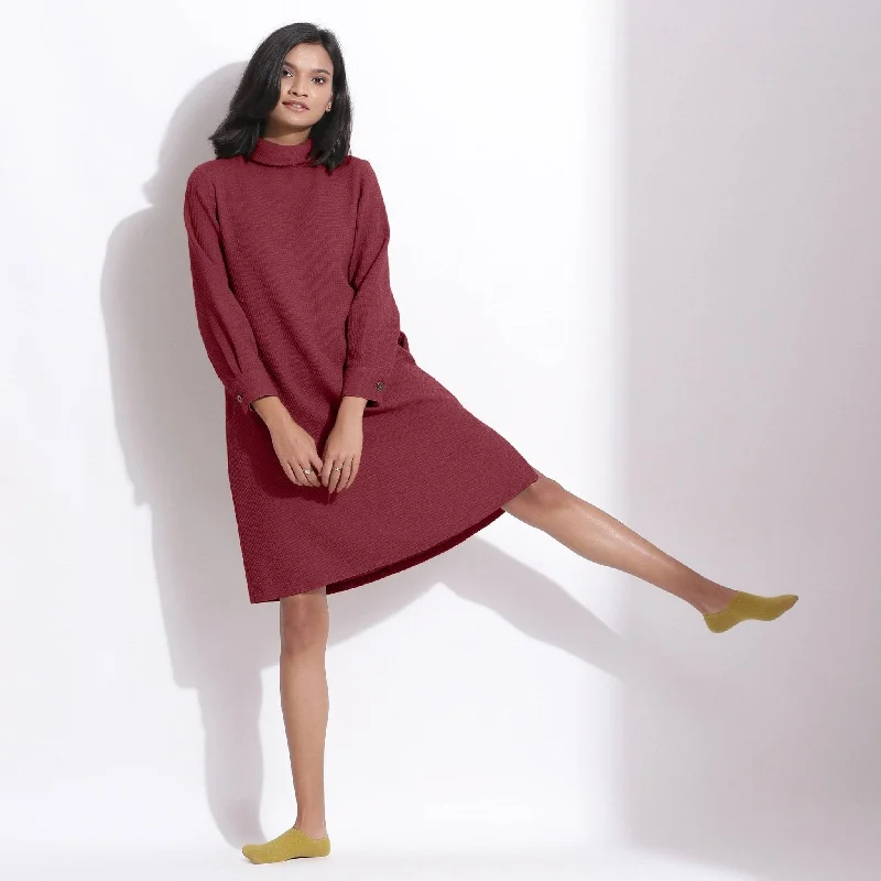 Quick Sale Barn Red Warm Cotton Waffle Knee Length Shift Dress