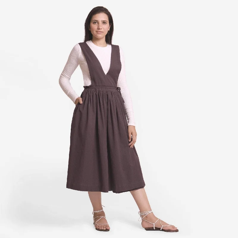 Price Drop Brown Deep Neck Cotton Flax Pinafore Midi Wrap Dress