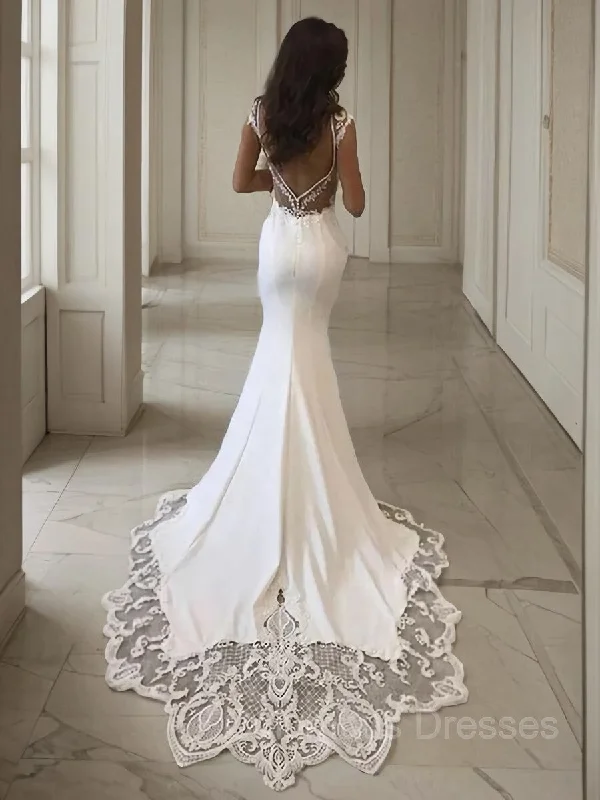 Hurry In Sheath/Column V-neck Sweep Train Stretch Crepe Wedding Dresses