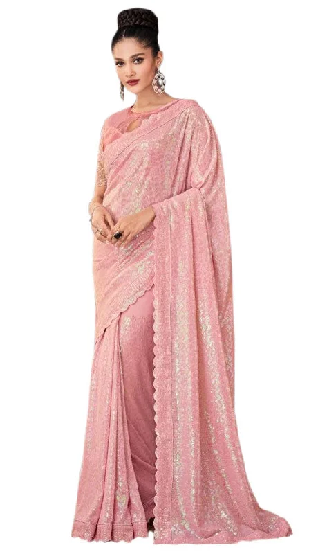 Price Drop Stunning Light Pink Sequined Pre-Pleated Ready-Made Sari- INN-2308