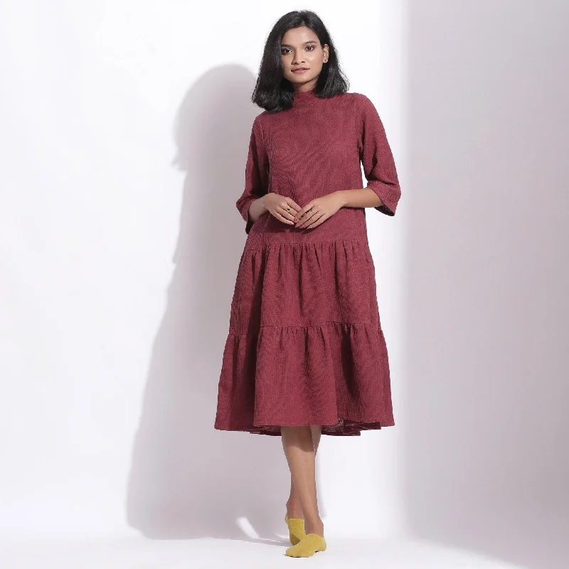 Price Buster Barn Red Warm Cotton Waffle High Neck Midi Dress
