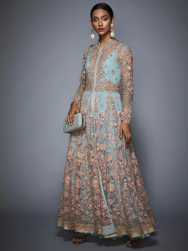 Extra Savings RI Ritu Kumar Powder Blue Dress with Embroidered Jacket