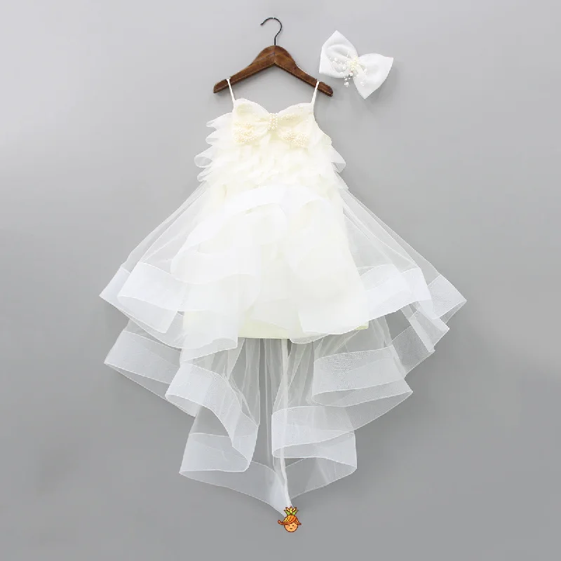 Get It Before It’s Gone Stylish Off White Trail Dress With Bowie Pearl String Hair Clip Get It Before It’s Gone Stylish Off White Trail Dress With Bowie Pearl String Hair Clip