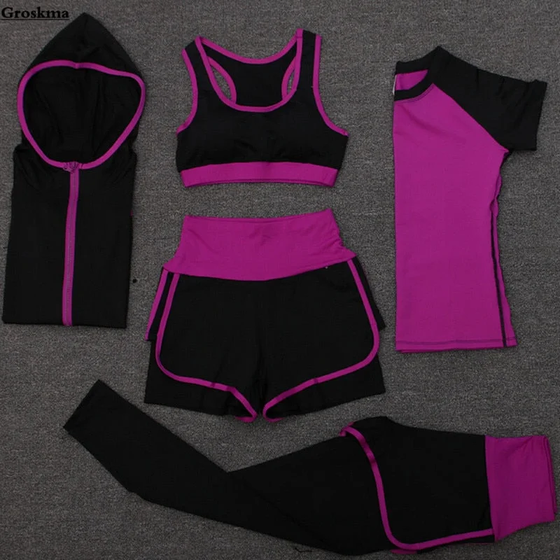 High waist pants+shorts+bra+t shirt+coats women sportswear 5PCS set outdoor running quick dry yoga clothing fitness gym sets