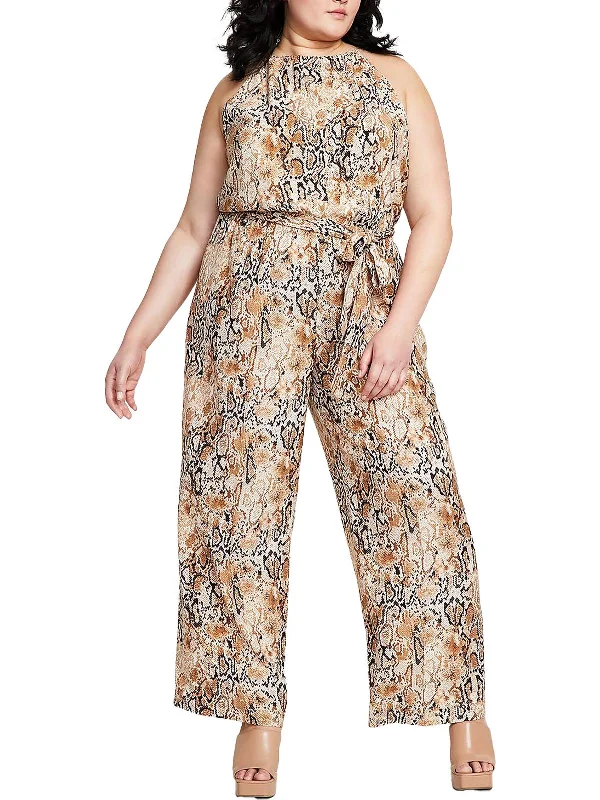 Grand Opening Sale Top dealsPlus Womens Snake Print High Neckline Jumpsuit